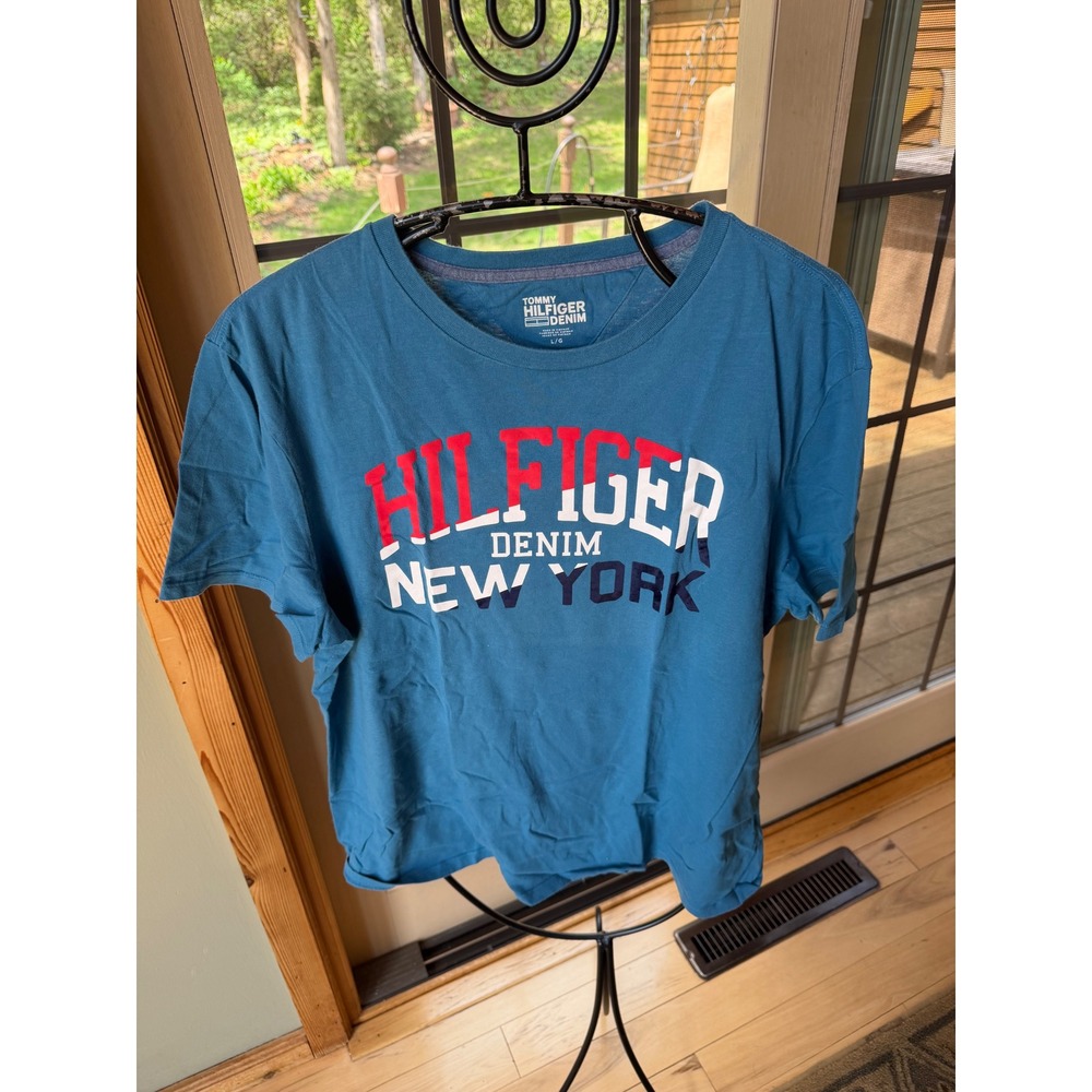 Tommy Hilfiger Denim Mens Large Teal Blue New York Graphic Logo T-Shirt Cotton